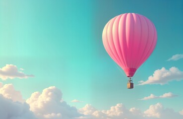Naklejka premium Pink hot air balloon floats gently in a light turquoise sky. Fluffy white clouds drift peacefully alongside. A dreamy and cheerful scene. Perfect for travel posters, or romantic prints.