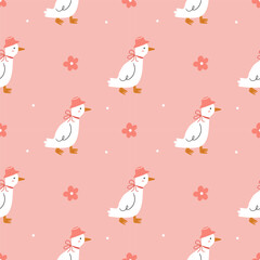 Cute spring pattern in retro style. White geese or ducks in hats with bows and daisies on a pink background.