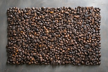 A close-up shot of roasted coffee beans arranged in a rectangular shape on a dark gray surface.