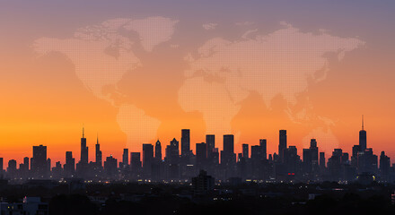 Obraz premium Stunning Sunset Silhouette of City Skyline with World Map Overlay