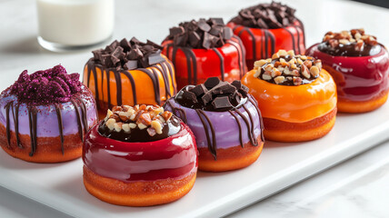 モダンなプレートに盛られたカラフルなアイシングドーナツの魅力的な構図