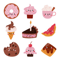 Set of cute dessert characters with faces. Croissant, cocoa, marshmallow, ice cream, cupcake, cake, waffle, cookies, chocolate.