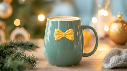 Festive Green Mug With Yellow Bow Decorated For Christmas