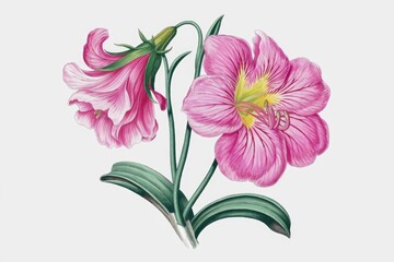 Obraz premium A detailed illustration of two pink amaryllis flowers with green leaves on a white background.