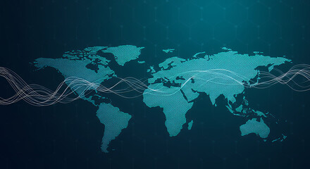 Naklejka premium Global Network Connection: World Map with Abstract Data Flow