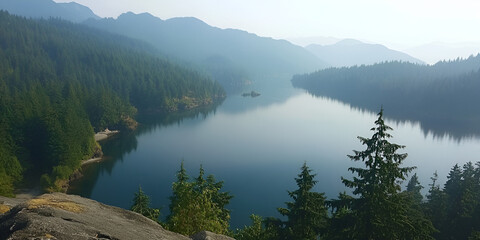 Fototapeta premium Mountain Lake Surrounded by Evergreen Trees and Majestic Peaks