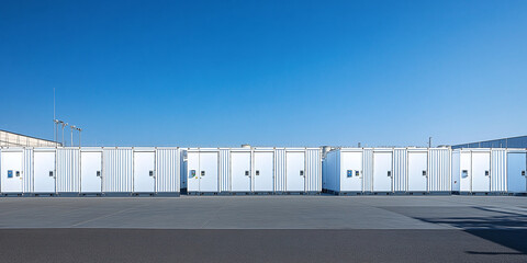 A modern industrial battery storage facility featuring large white containers outside a warehouse, set against a clear blue sky.