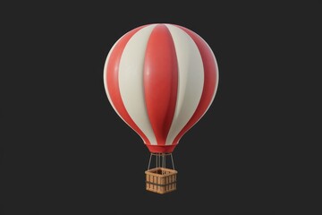 A red and white striped hot air balloon with a wicker basket.