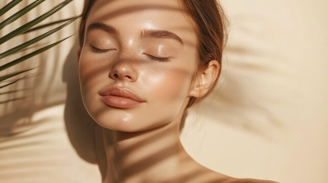 A model showcasing the effectiveness of sun protection cream, with a backdrop of palm trees suggesting a beach vacation.