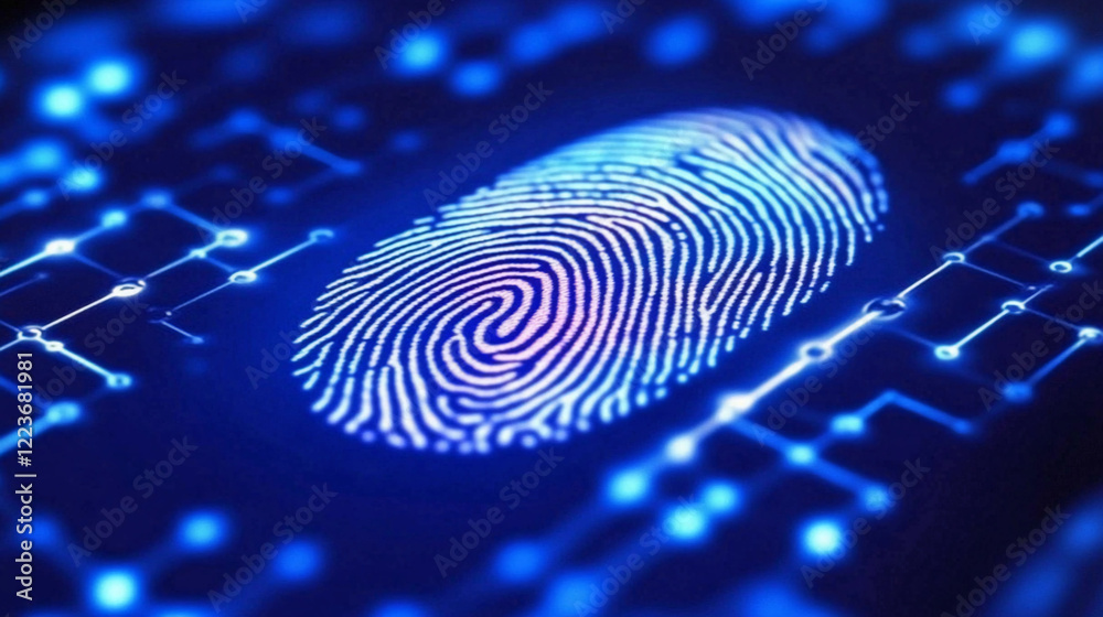 Poster close-up view of a digital fingerprint with a vibrant blue background showcasing modern authenticati