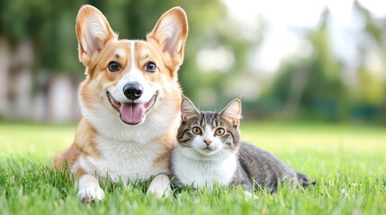 Happy dog and cat in grassy park, friendship.  Use pet adoption campaign