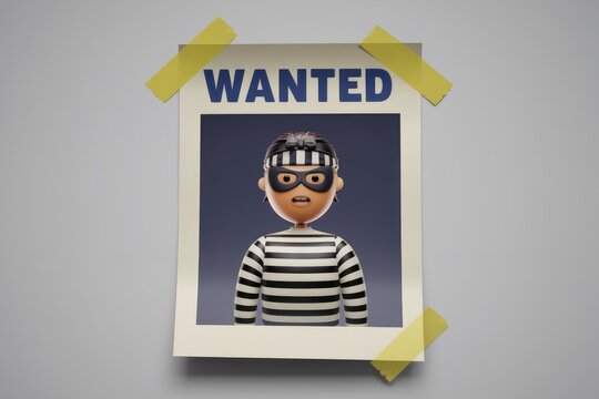A wanted poster featuring a cartoon criminal wearing a striped shirt and a mask.