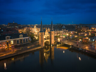 Night aerial of historic Frisian city Sneek with iconic Watergate