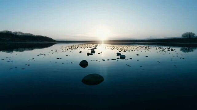 Tracking video of a line of small stones diminishing in size, on a mirror-like water, strong contrasts between light and shadow emphasize the journey towards the fading light