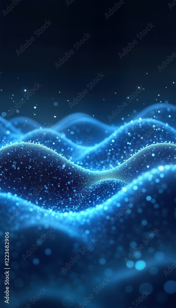 Poster Abstract blue waves, floating particles create sense of fluid motion. Digital design with flowing texture. Glowing particles give dynamic, smooth look to abstract image. Blue color serene, peaceful.