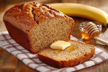 A loaf of banana bread partially sliced, placed on a checkered napkin with butter and honey