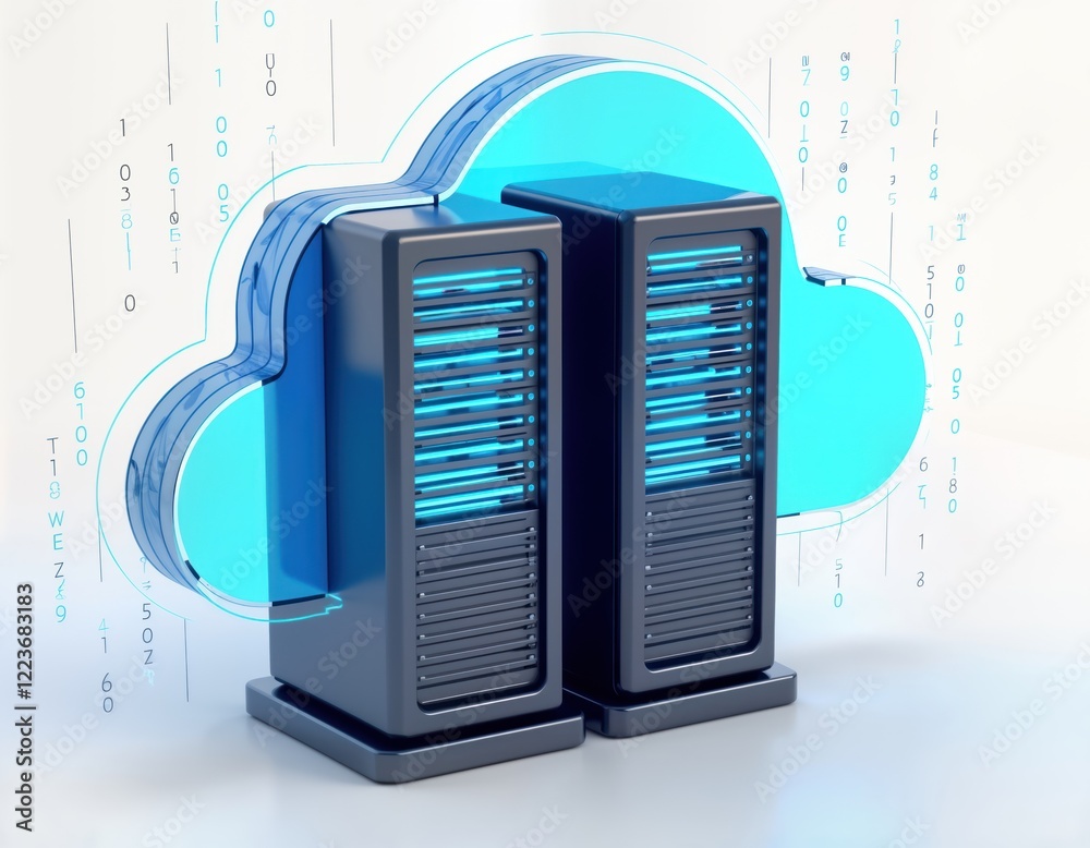 Poster Modern data servers connected to cloud tech. Data storage, security system. Digital infrastructure represented. Public cloud center. Modern servers linked to cloud tech. Secure data storage. High