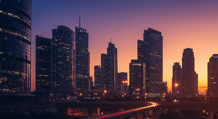 Stunning Sunset Skyline of Modern Cityscape with Illuminated Skyscrapers and Highway
