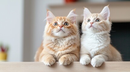 Two cute kittens looking up, indoor home setting, playful, pet adoption