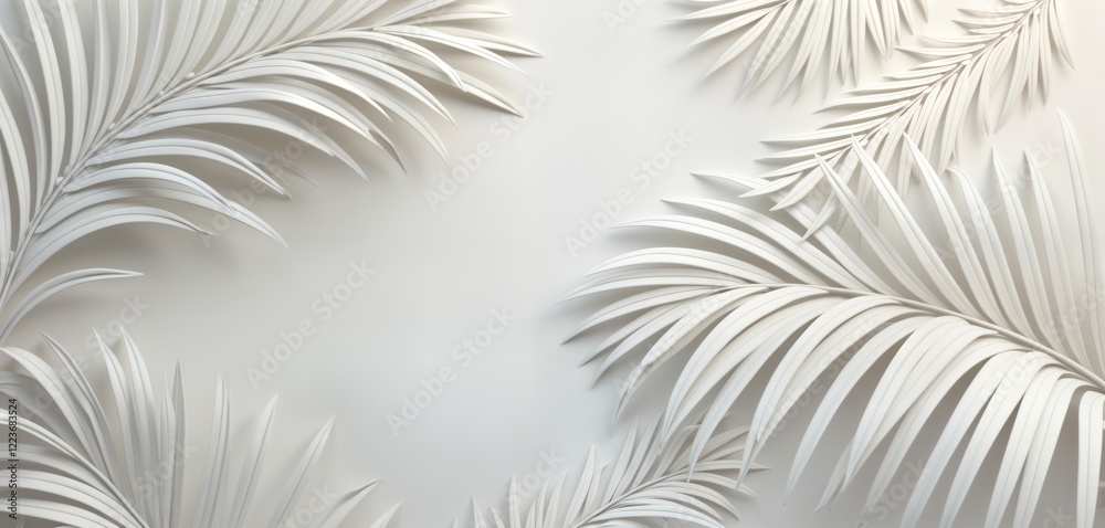 Poster white embossed palm leaves create textured wall design. tropical aesthetic pattern on white backgrou