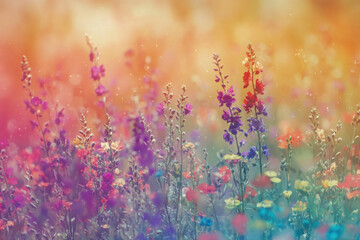 Dreamy soft-focus wildflower field in pastel hues with a painterly effect