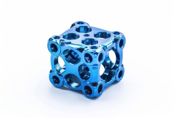 A gleaming blue metal cube showcases intricate designs and unique shapes, capturing attention with its reflective surface and artistic craftsmanship isolated on transparent background