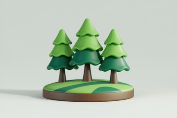 Three cartoon pine trees on a small hill.