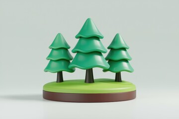 Three cartoon pine trees on a green and brown base.
