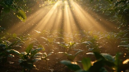 Sunbeams Illuminate Dewy Coffee Plantation