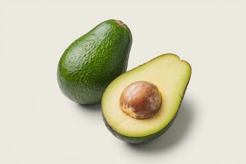 Two avocados, one whole and one halved, revealing the seed.