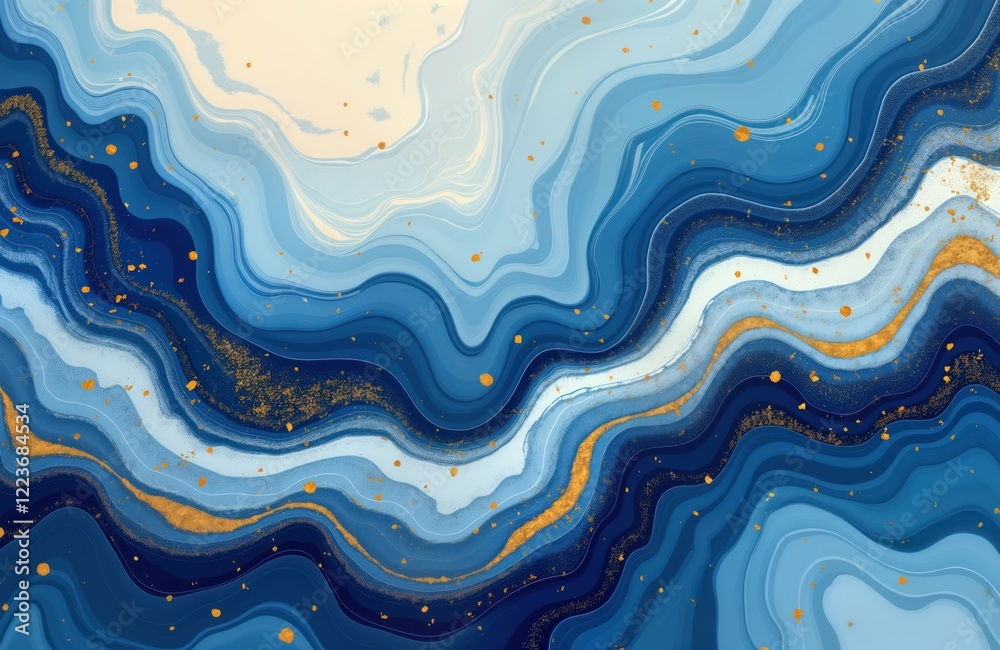 Aufkleber Abstract artistic design with blue, gold swirling patterns. Fluid lines create wave-like effect. Gold specks add texture, luxury. Modern, decorative, good for wall art wallpaper. Suitable for