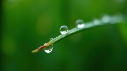 Macro photography of dew drops on a green grass blade with natural reflections	