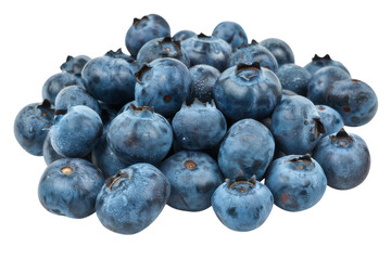 A vibrant collection of ripe blueberries arranged artistically on a clean, white surface, showcasing their natural sheen and richness isolated on transparent background