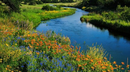 Fototapeta premium A crystal-clear river winding through a meadow filled with vibrant wildflowers, creating a serene and picturesque natural landscape.