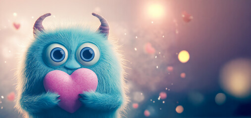 Cute fluffy blue monster with horns holding a pink heart on a dreamy, glowing background with floating lights