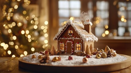 Charming gingerbread house surrounded by sugary snow and warm lights