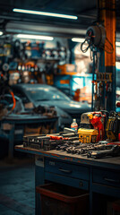 Obraz premium Automotive gadgets on a workbench in a bustling garage filled with tools and vehicles
