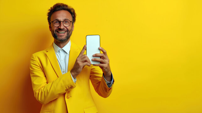 Smiling businessman enthusiastically displaying smartphone against bright yellow background - Powered by Adobe
