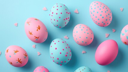 A collection of painted eggs with pink, blue, and white polka dots. The eggs are arranged in a pattern on a blue background