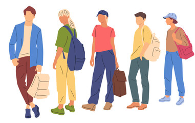 Obraz premium Group men and women standing with backpacks, front and back view, profile, different colors, cartoon character, silhouettes people, vacation clothes; flat icon design concept, vector, isolated on wh