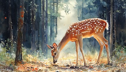 Watercolor a serene deer grazing in a quiet forest clearing, alert yet at ease