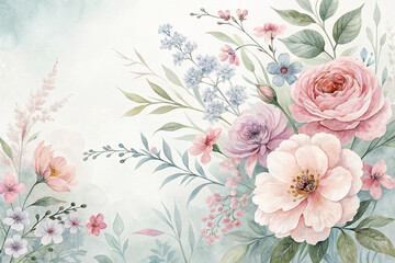 Obraz premium Watercolor painting of pastel pink roses, peonies, and other flowers with green leaves on a light blue background.