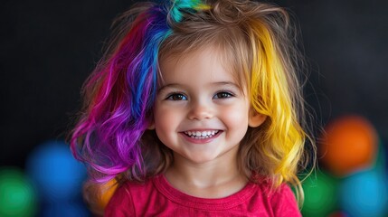 Fototapeta premium Cheerful young girl with vibrant rainbow-colored hair smiling happily during an indoor portrait session.