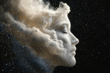 Mystical face emerging from an interstellar nebula in deep space