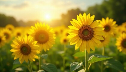 Obraz premium Shining sunflowers in a field of heart-shaped wild flowers, wild flowers, garden scenes, bright yellow petals