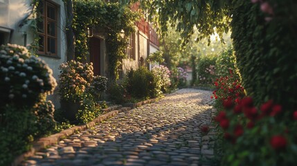 Obraz premium Cobblestone path to countryside cottage with flower beds and hedges