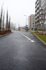 Urban view of modern residential buildings alongside a quiet street on a foggy day, highlighting the serene yet dynamic nature of contemporary urban living