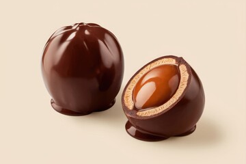 Two chocolatecovered caramel candies, one whole and one cut open.