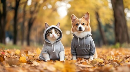 Fototapeta premium Cute cat and dog in hoodie on autumn leaves background