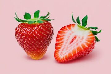 Two ripe strawberries, one whole and one sliced, on a pink background.